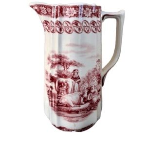 Vintage Redware Transferware Country Toile Porcelain Pitcher English
